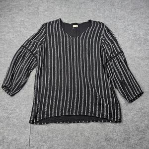 Garnet Hill Shirt Womens 12 Black Peasant Lightweight Striped Organic Cotton
